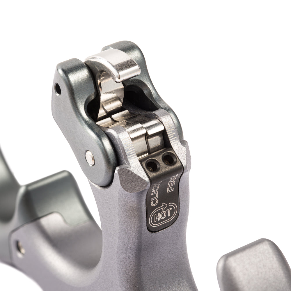 Close up of the ULTRAVIEW UV Hinge 2's dual sear micro adjust system and adjustment screws.