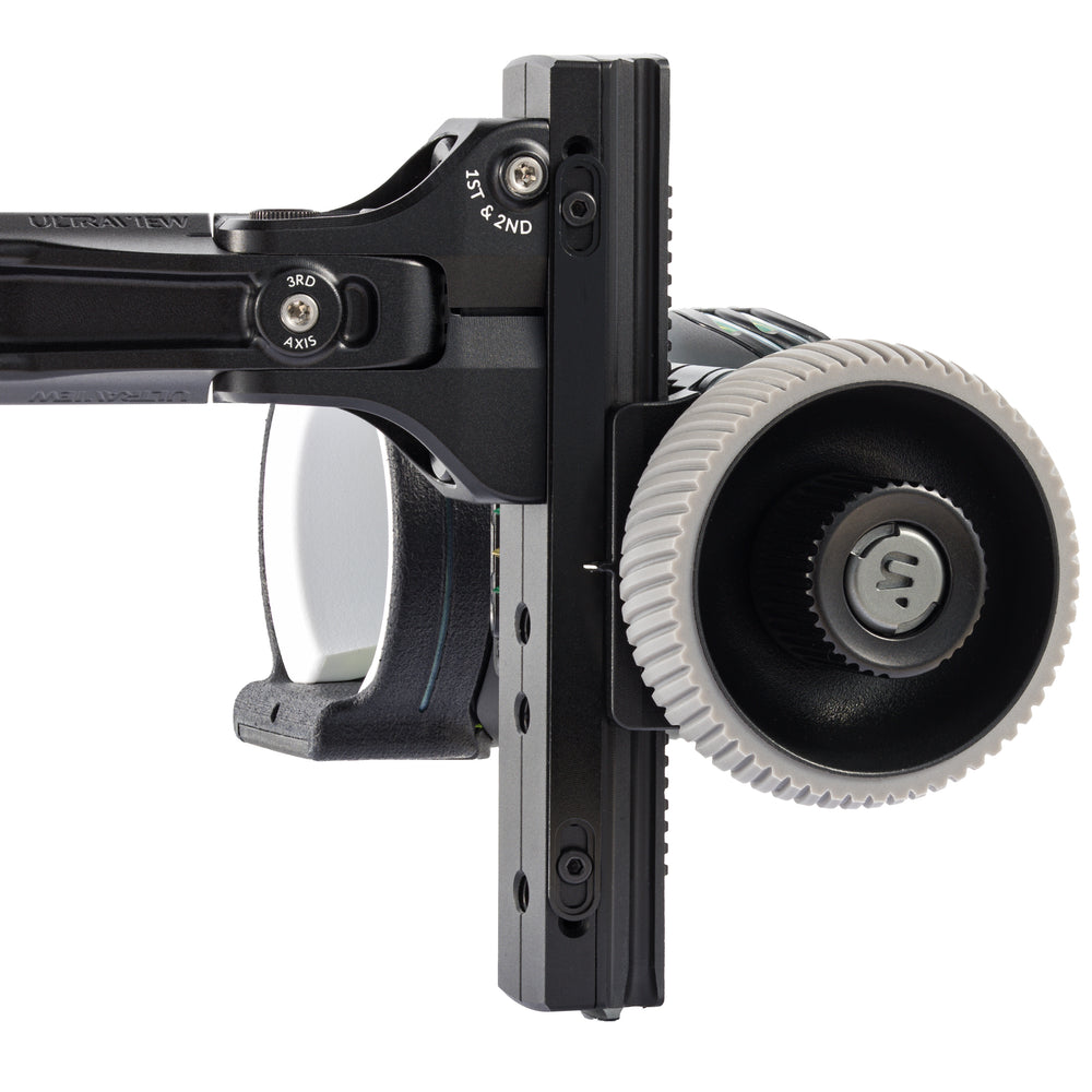 Close-up image of the ULTRAVIEW UV Slider Dual-Dial elevation knob, 1st & 2nd axis adjustment screws, and 3rd axis adjustment screws.