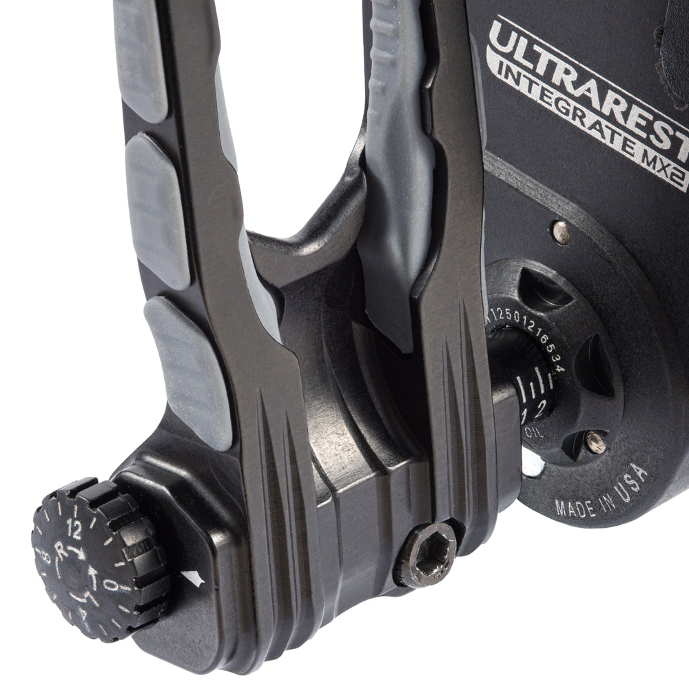 Tight close up image of the QAD Integrate MX2 launcher arm and micro windage knob.