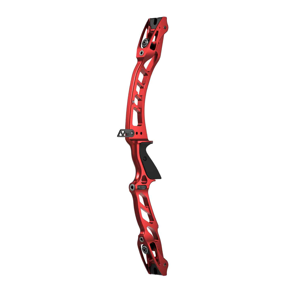 A Hoyt RCRV Podium Series Grand Prix ILF recurve riser in red color, designed for archery.