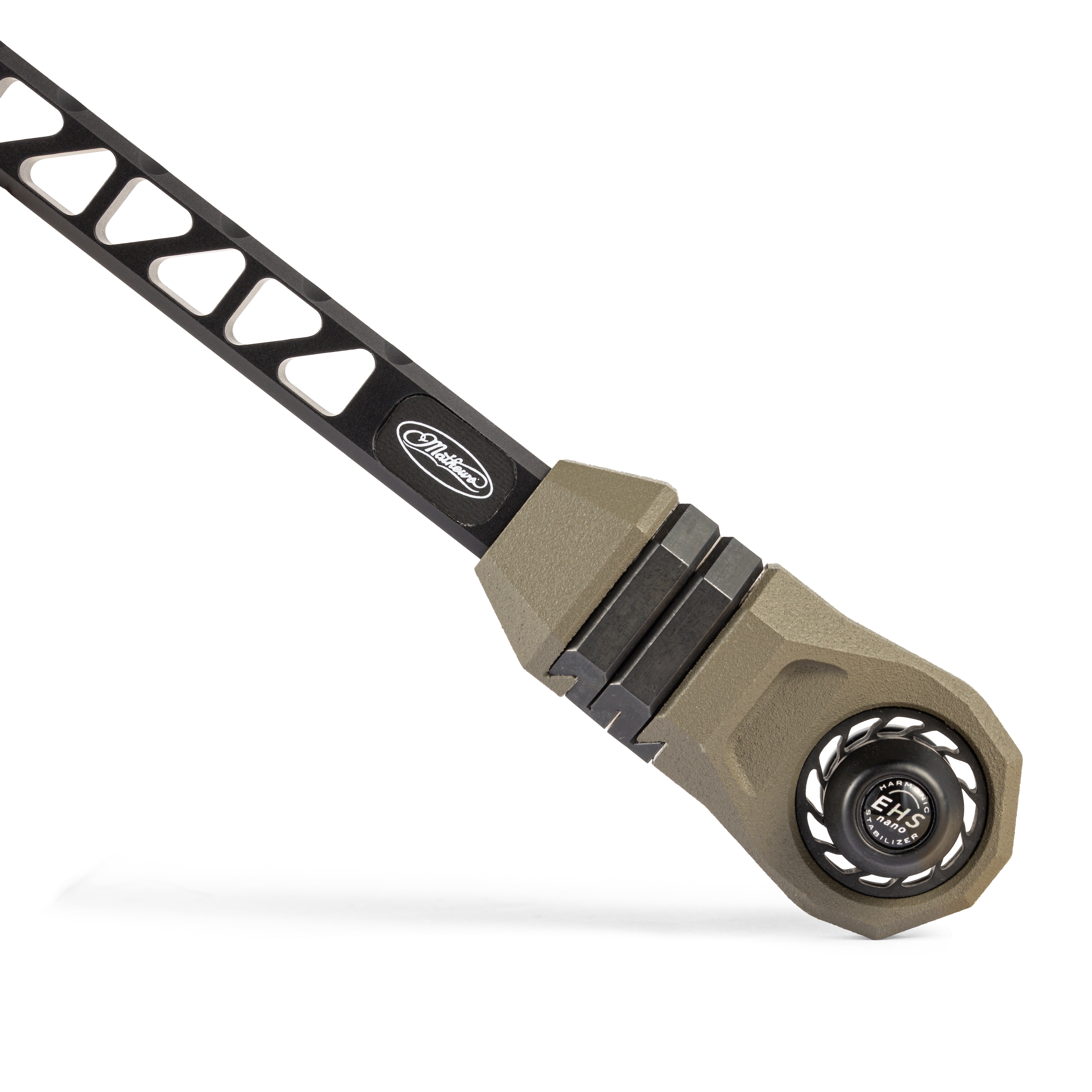 Mathews Logo and end cap on a Bridge-Lock Stabilizer.