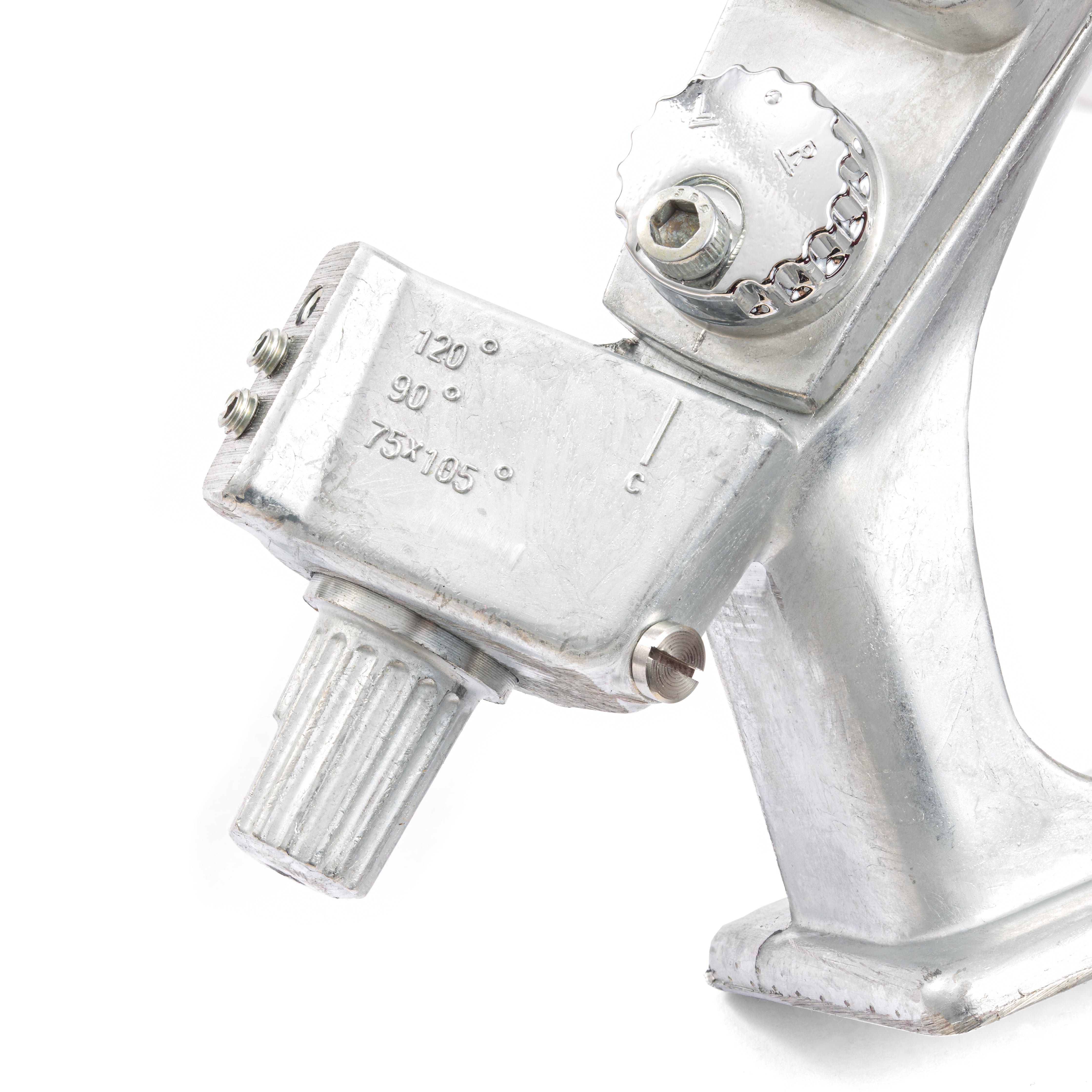 Close up image of the Bitzenburger Fletching Jig clamp shelf adjustment dial, fletch spacing set screws, and dial knob.