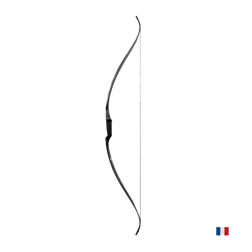 A black 60 inch one piece composite recurve bow, with nock string and arrow rest, displayed against a white background