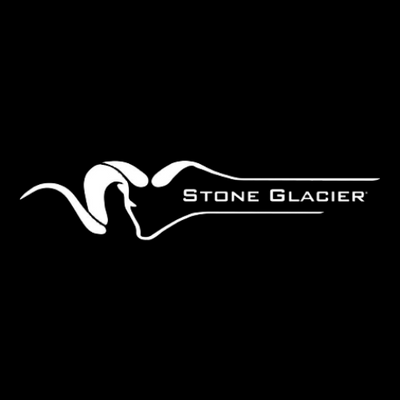 White 'Stone Glacier' logo on a black background
