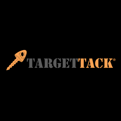 Target tack logo gray and orange lettering with orange target pin trademark.