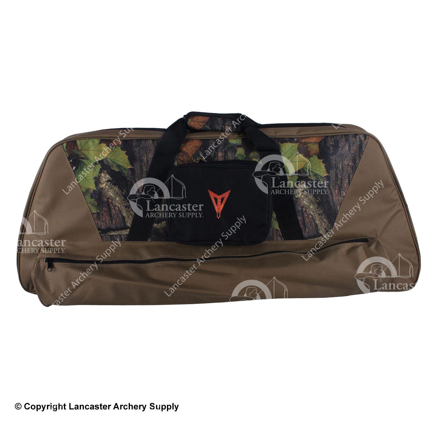 A bow case that is brown and camo with a black pouch that has a 30.06 Logo on the front.