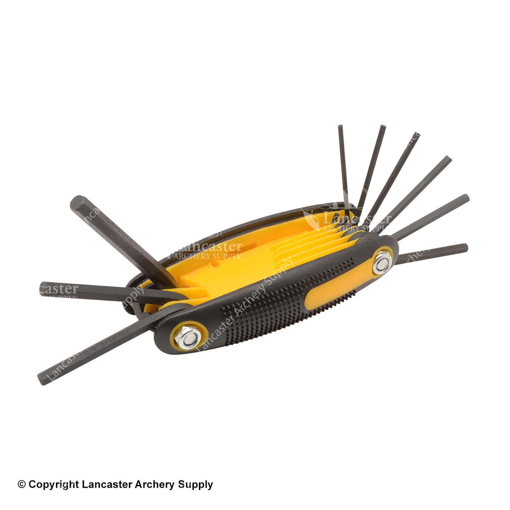 Allen wrench set that has a yellow plastic body and rubber textured sides for a good grip.