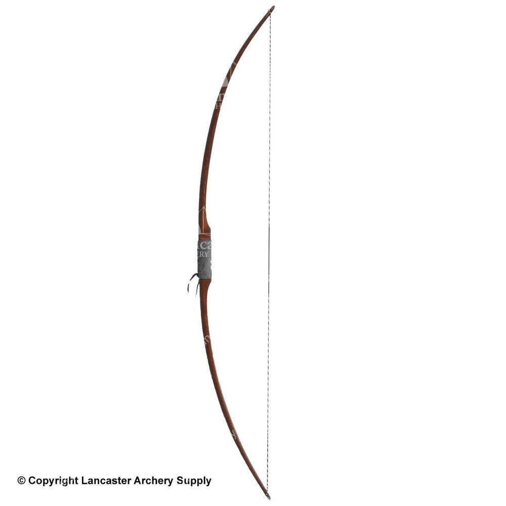 A strung one-piece wooden bow with a a gray leather grip wapped and tied on the bow.