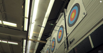 Arrows that have been shot indoor on Maple Leaf single spot faces downrange.