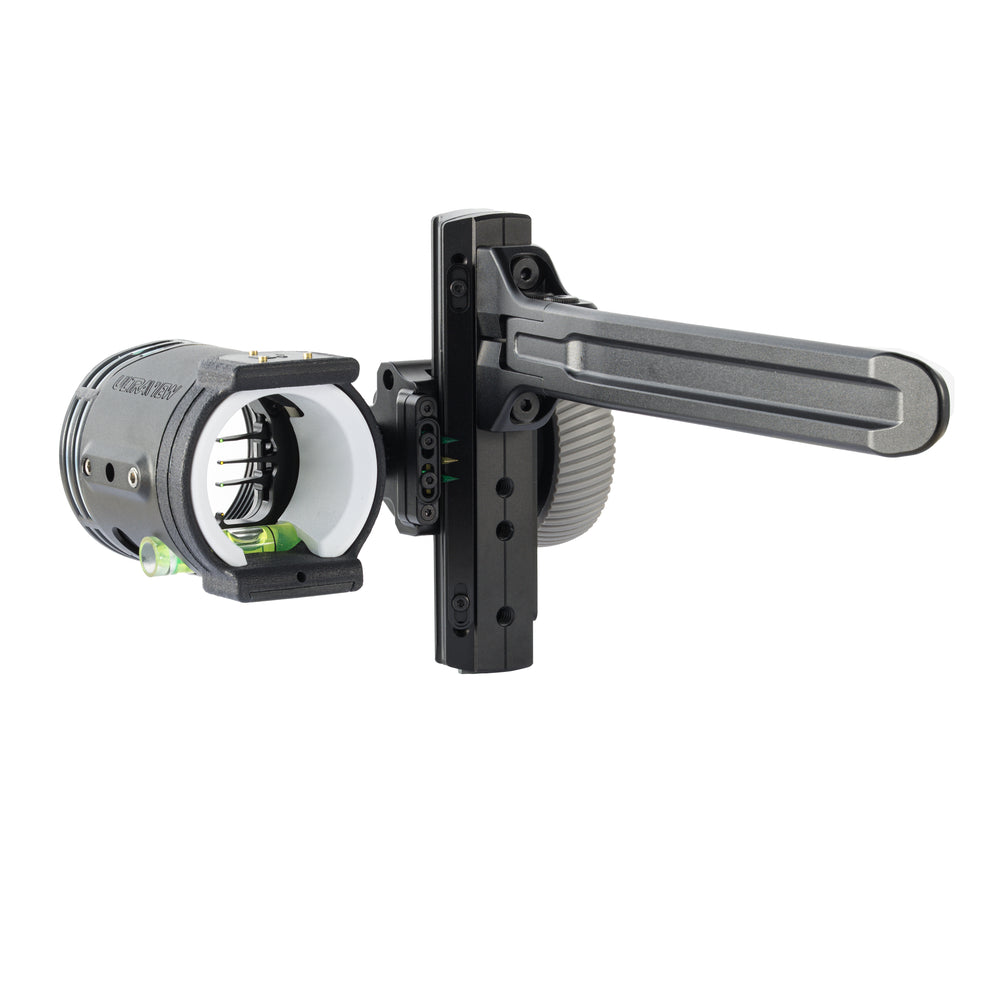 ULTRAVIEW UV SLIDER Bow Hunting Sight side mount option with triple pin 3 horizontal pin configuration. Full image of sight, light kit, level, and triple marks. 