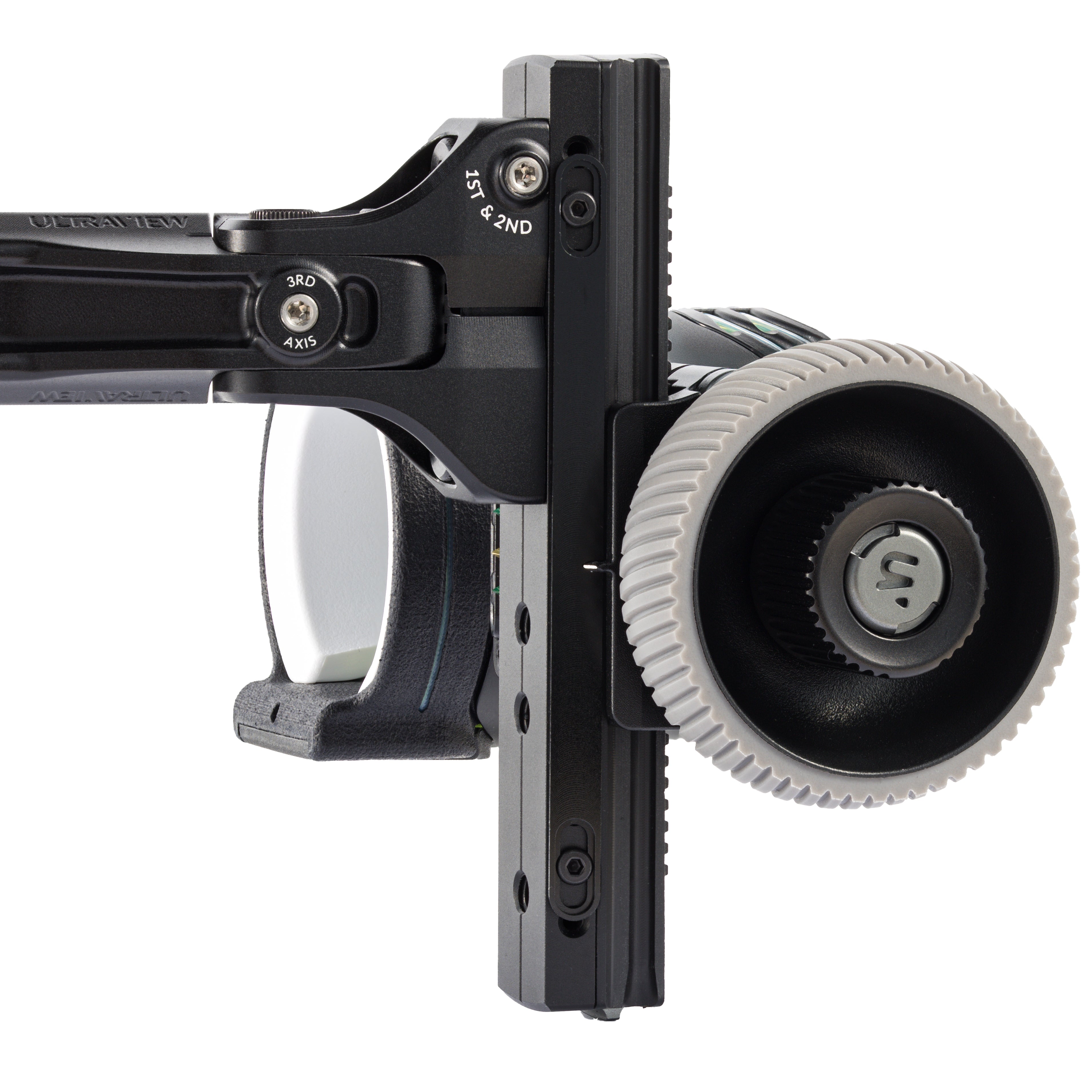 Close-up image of the ULTRAVIEW UV Slider Dual-Dial elevation knob, 1st & 2nd axis adjustment screws, and 3rd axis adjustment screws. 