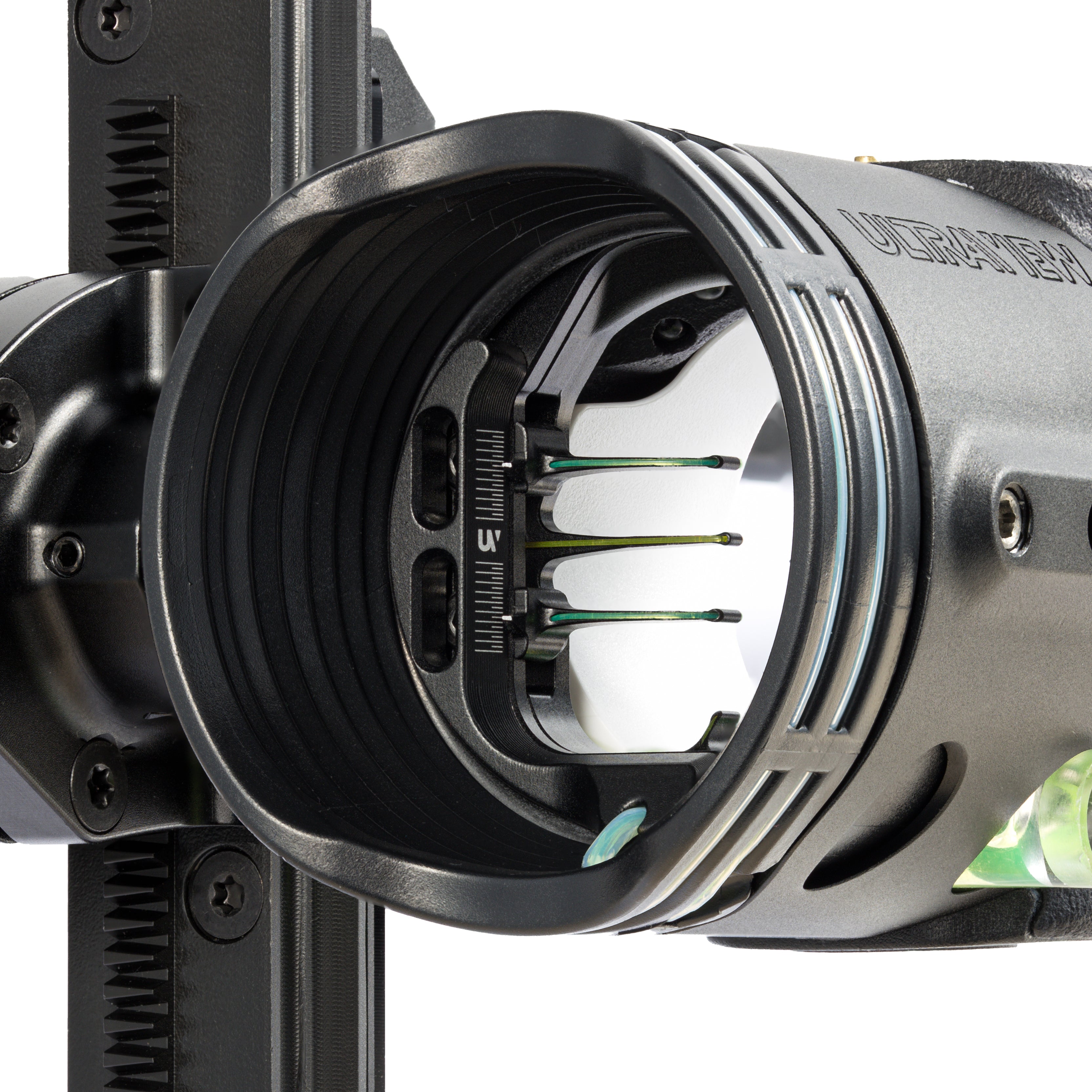 Close-up image of the target side of the ULTRAVIEW UV Slider UV3XL SE Scope, fiber optic pins, and pin adjustment screws. 
