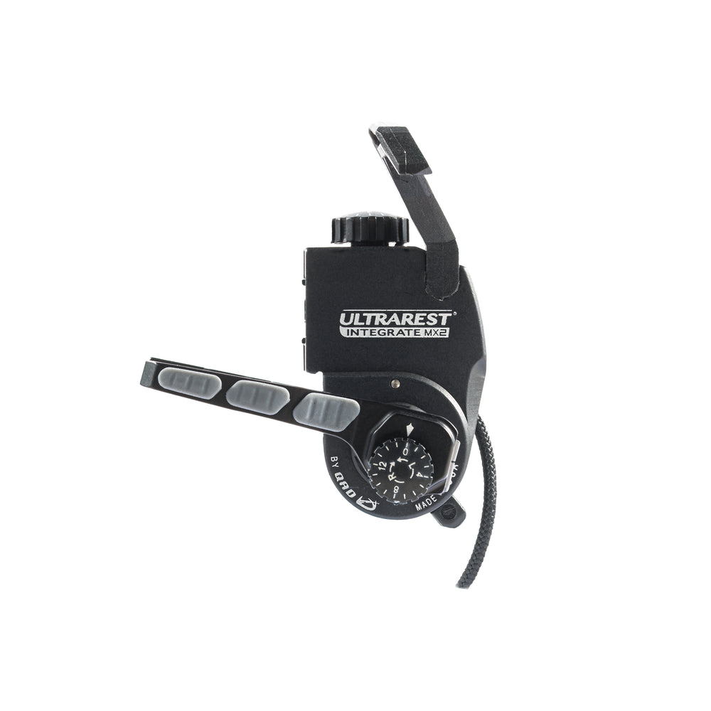 Side view of the QAD Integrate MX2 arrow rest, launcher arm, micro adjust windage knob, and capture arm. 
