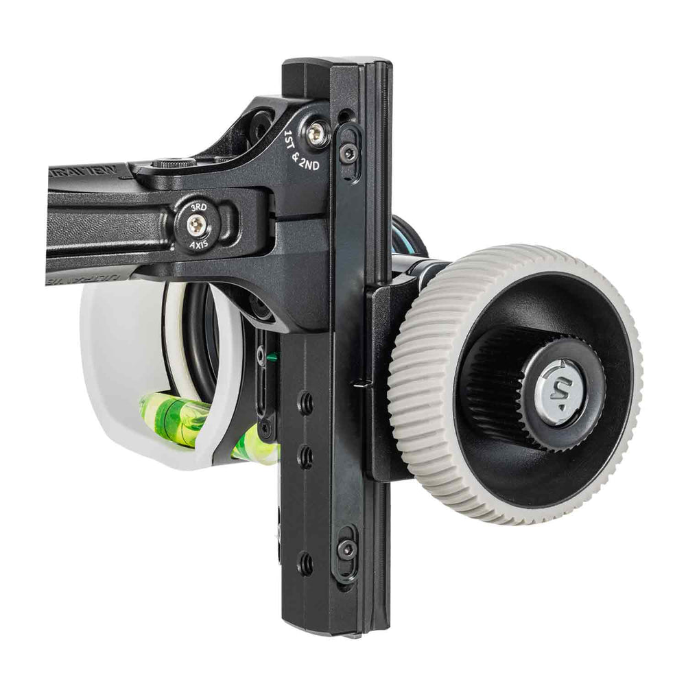 UV Slider bow sight DualDial wheel  and windage knob, 1st & 2nd axis and 3rd axis adjustment screws.  