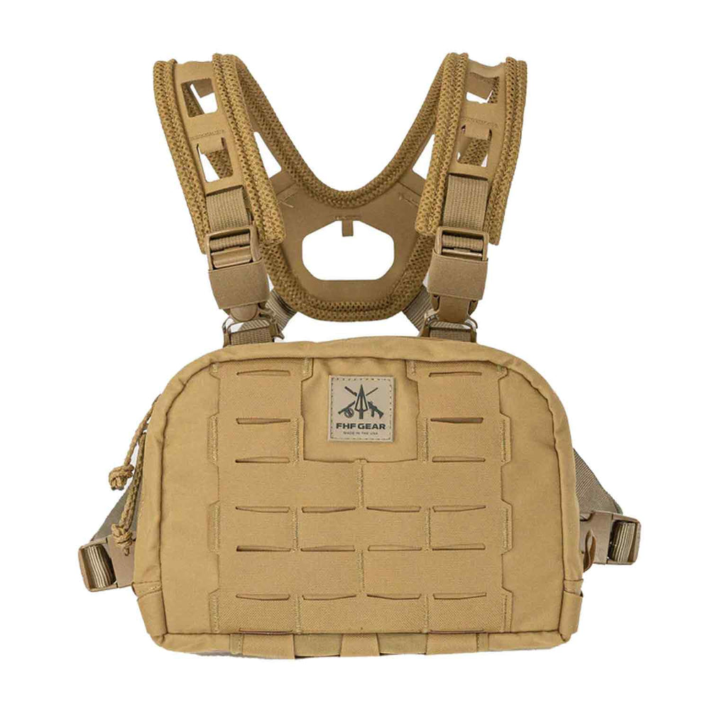 Tan tactical vest with multiple pockets and straps on a white background