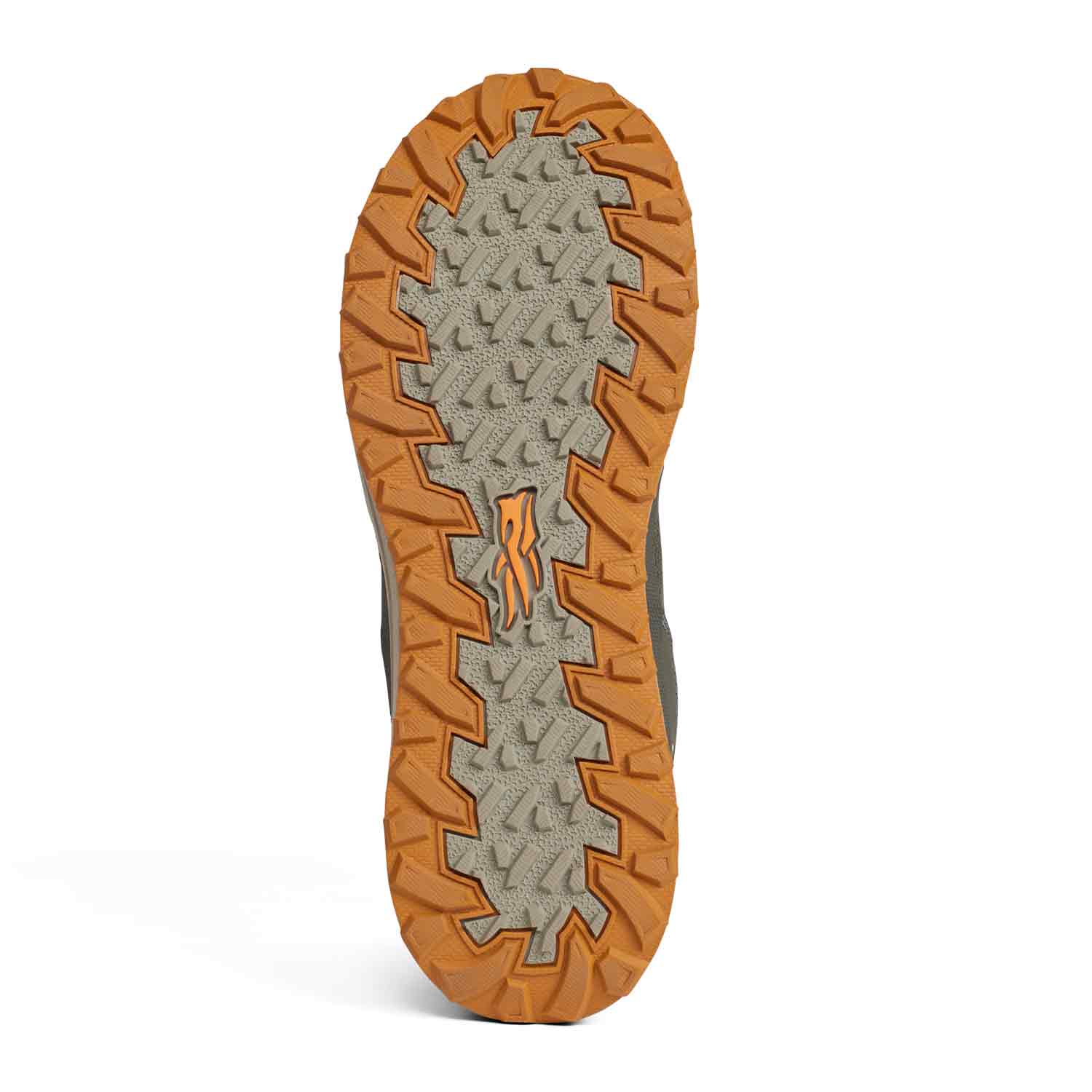 Close-up of a shoe sole with orange tread pattern on a white background