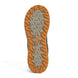 Close-up of a shoe sole with orange tread pattern on a white background