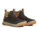 Pair of brown and beige slip-on shoes with orange accents on a white background