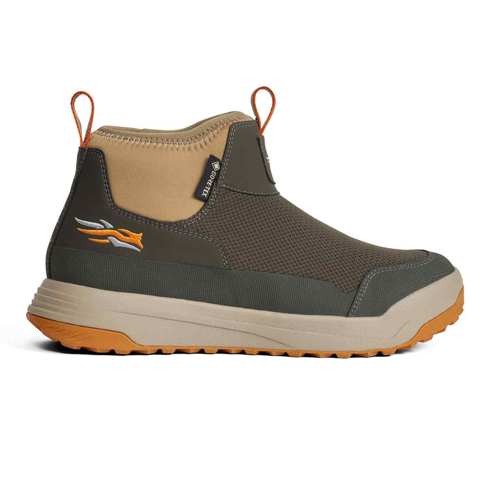Brown and beige boot with orange accents on a white background