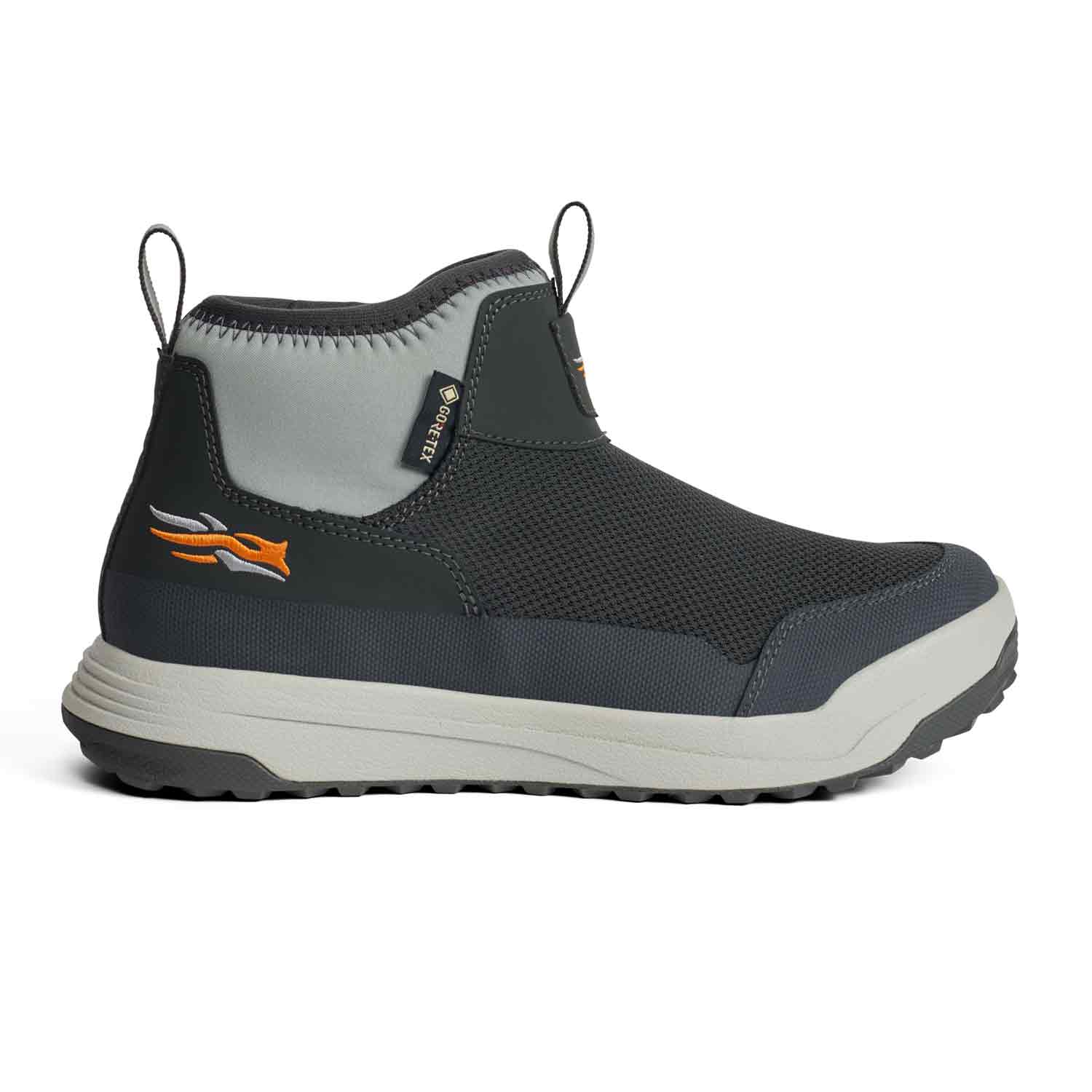 Black and gray boot with orange logo on a white background