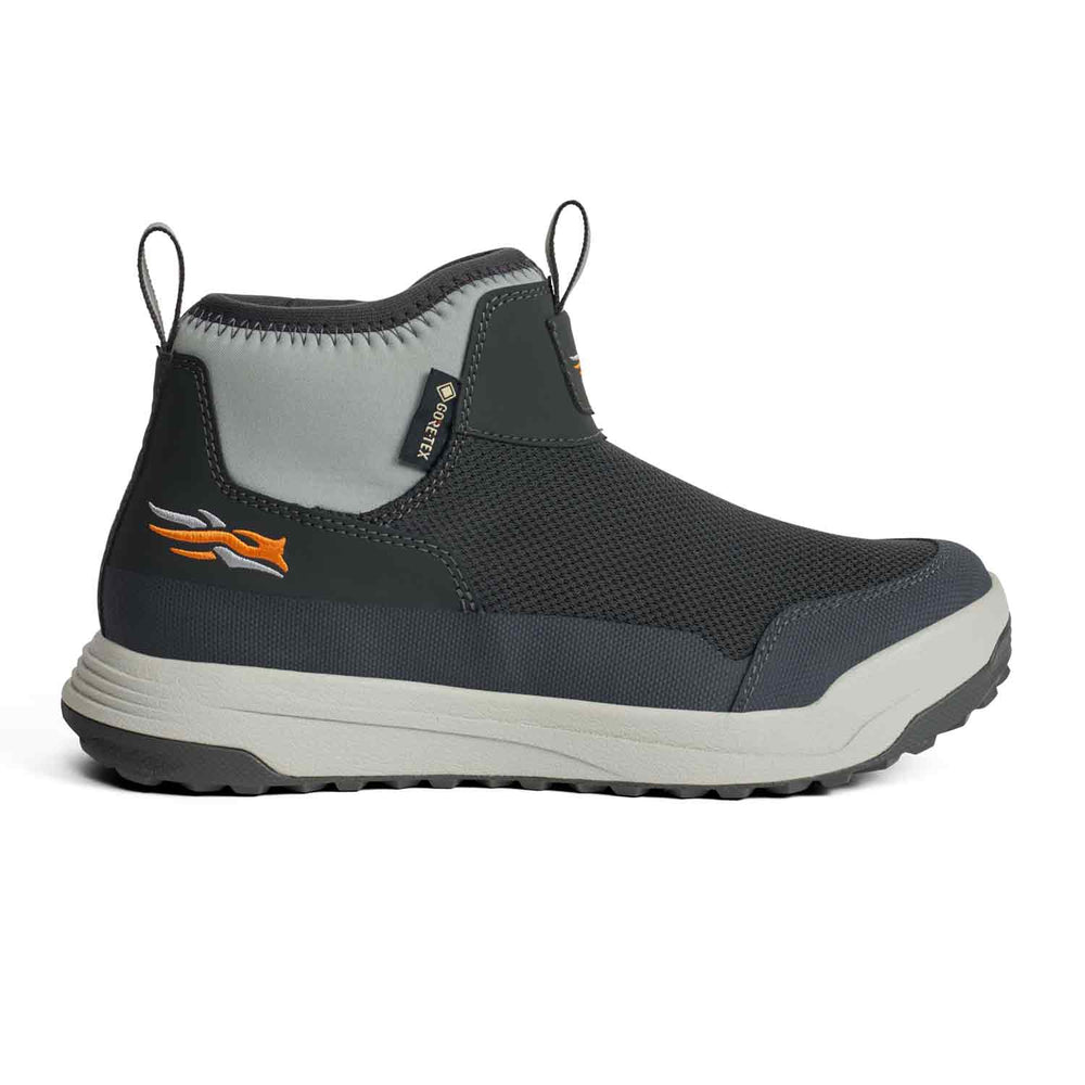 Black and gray boot with orange logo on a white background