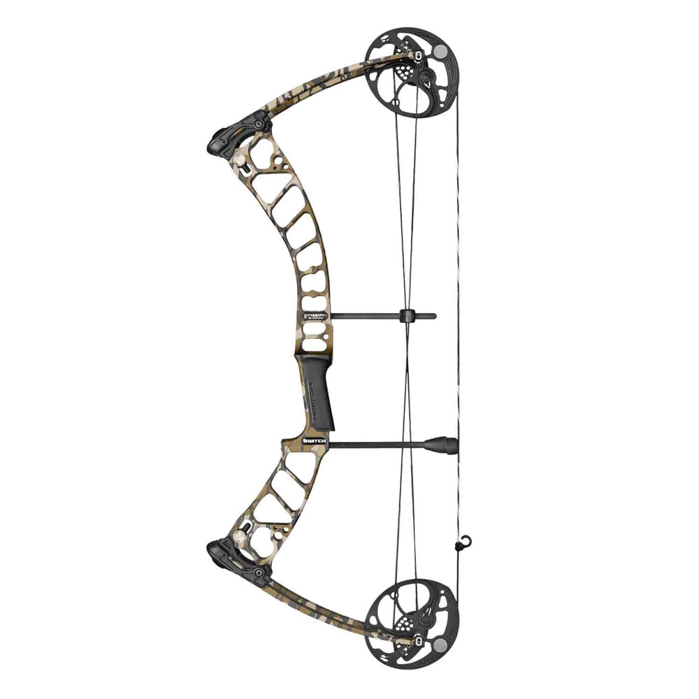 Compound bow with camouflage design on a white background