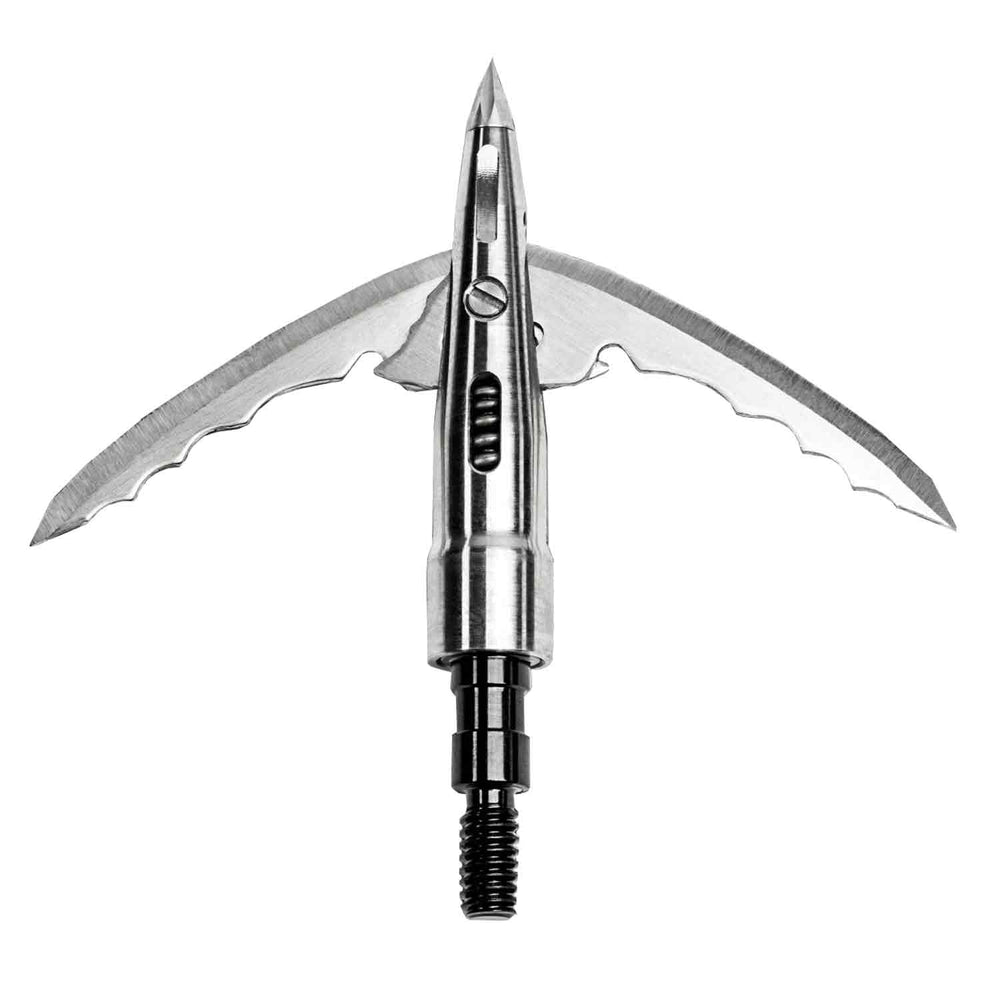 Metallic hunting arrow head on a white background