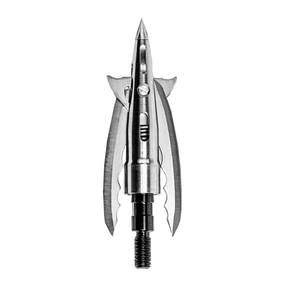 Metallic hunting arrow head on a white background