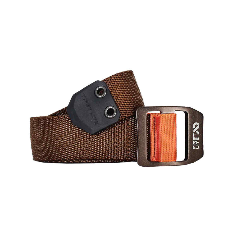 Brown First Lite belt with orange buckle on a white background