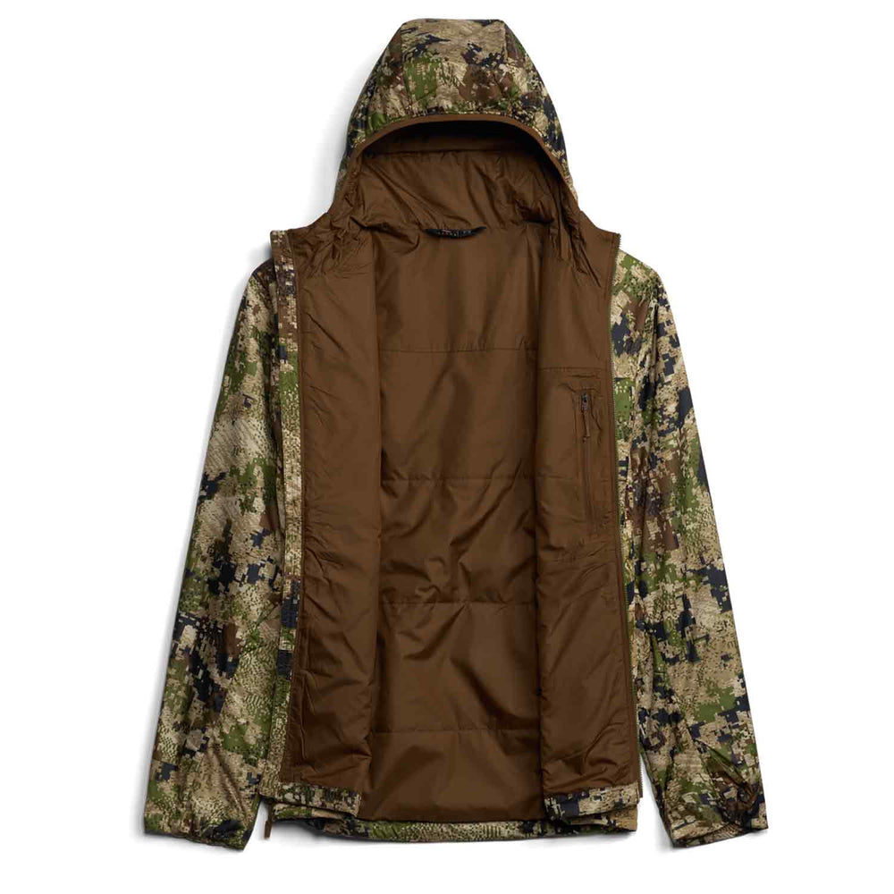 A hooded jacket with a solid brown interior lining and camouflage patterned outer sleeves and hood, shown flat against a white background.