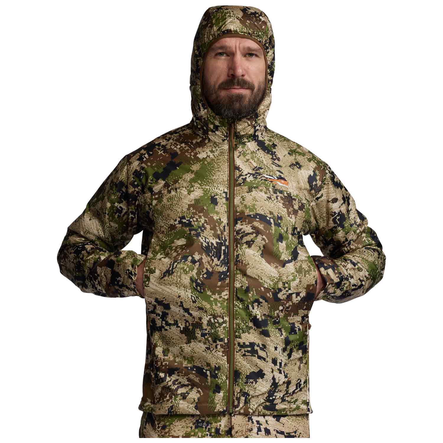 A man wearing a hooded camouflage jacket with a full front zipper, photographed against a plain white background.