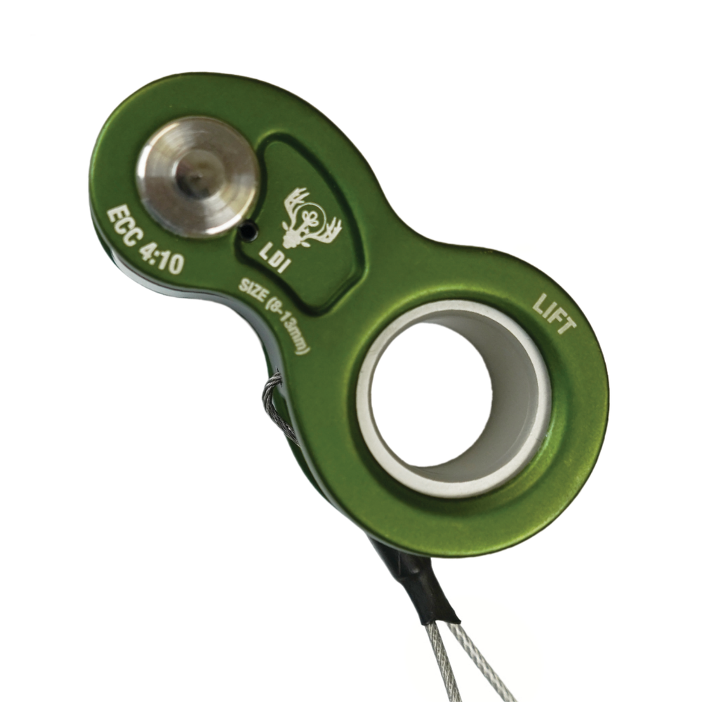 An 8-shaped green climbing rope ascender with a silver metal pulley and white rope, featuring white printed text and a deer head logo, shown on a plain white background.