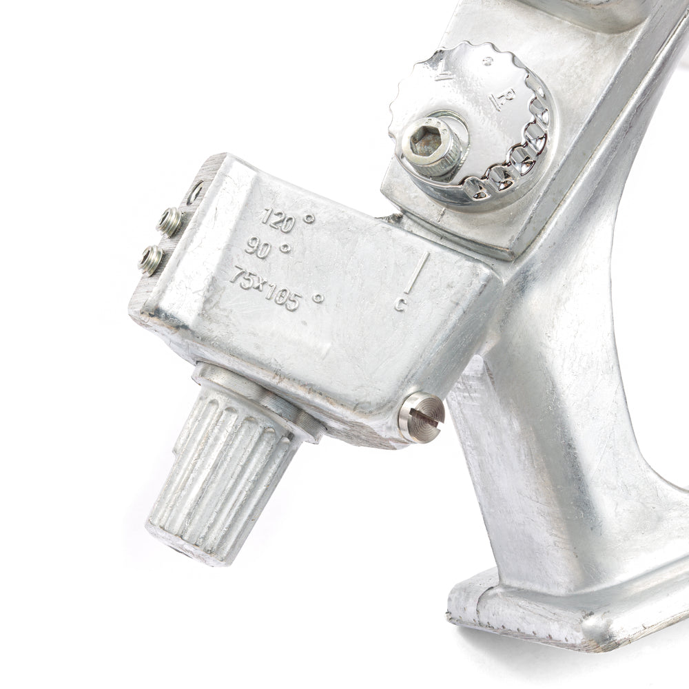 Close up image of the Bitzenburger Fletching Jig clamp shelf adjustment dial, fletch spacing set screws, and dial knob. 