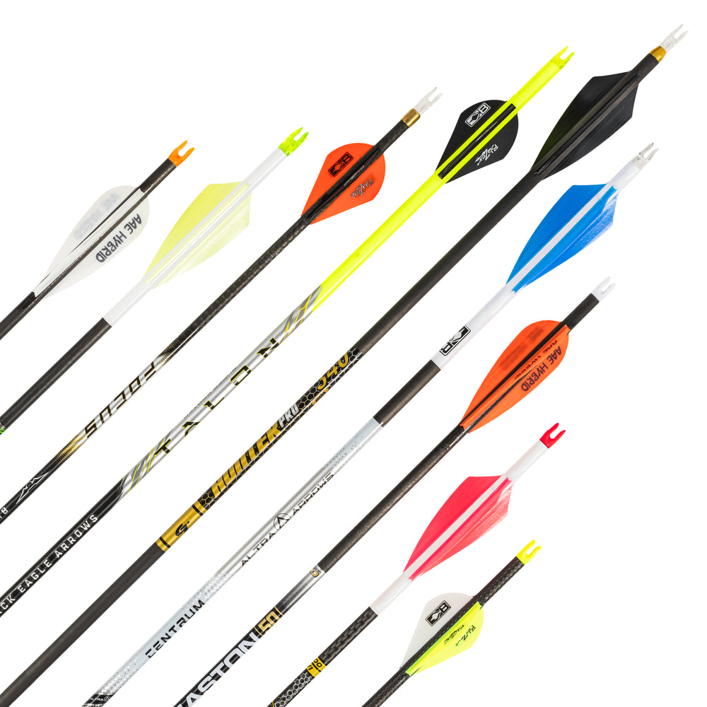 Collection of various arrows with different designs and colors on a white background.