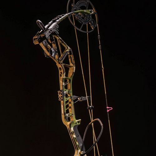 Compound bow with a pink D-loop on a black background
