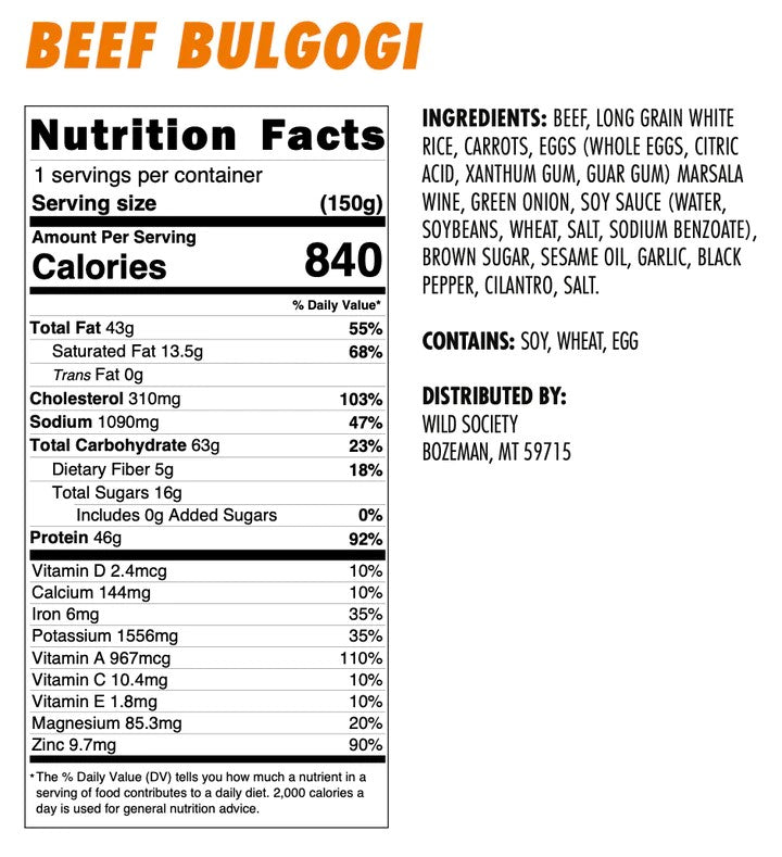 Wild Society Beef Bulgogi Freeze Dried Meal