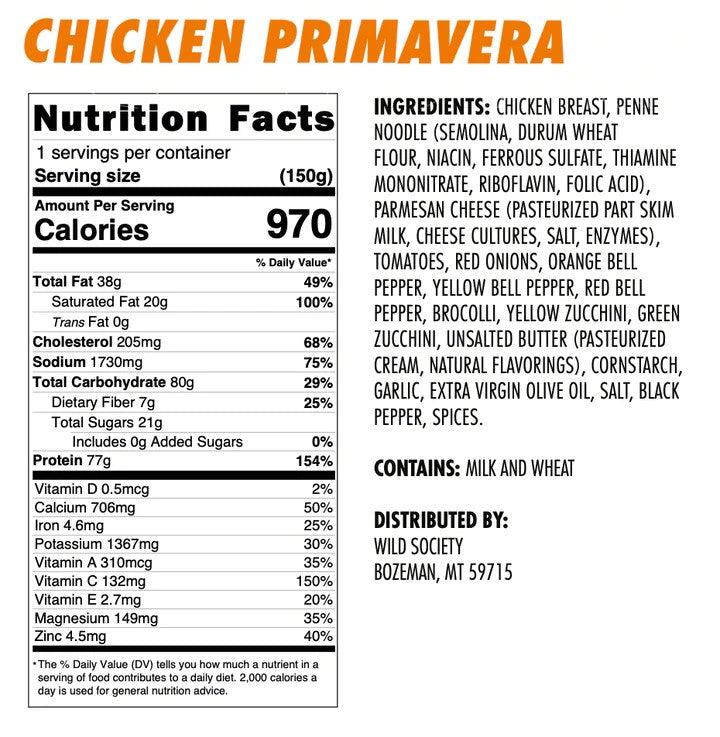 Wild Society Chicken Pasta Primavera Freeze Dried Meal