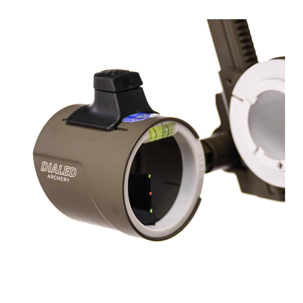 Archery sight with DIALED ARCHERY branding on a white background