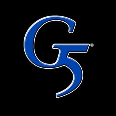 Blue 'G' logo on a black background