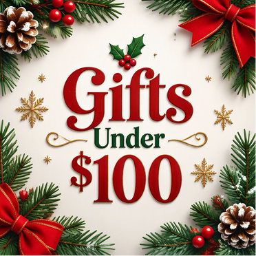 A Christmas-themed gift card design with the text 'Gifts Under $100' in red and green lettering, surrounded by pine branches, red bows, pinecones, and gold stars on a cream background. The card is positioned in the bottom-right corner of a large white canvas.