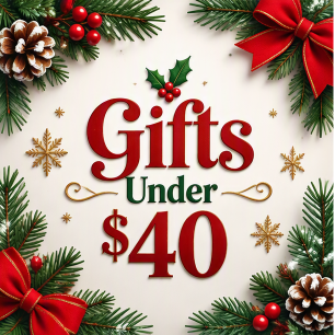 Christmas-themed gift card design with the text 'Gifts Under $40' in red and green lettering, surrounded by pine branches, pinecones, holly, and red bows on a cream background.