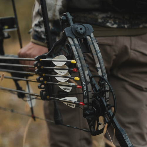 Archery bow with multiple arrows on a blurred background