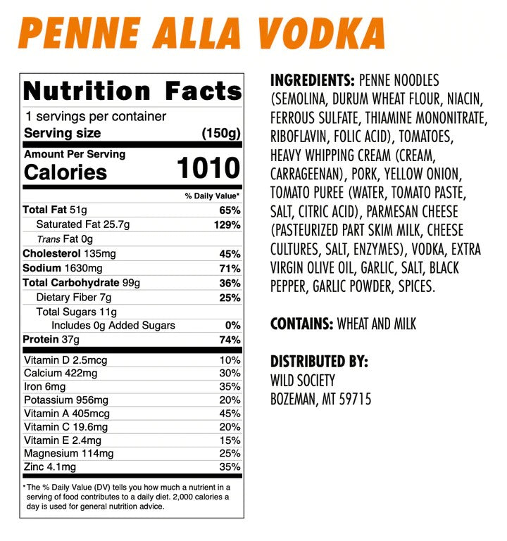 Wild Society Penne a la Vodka with Sausage Freeze Dried Meal
