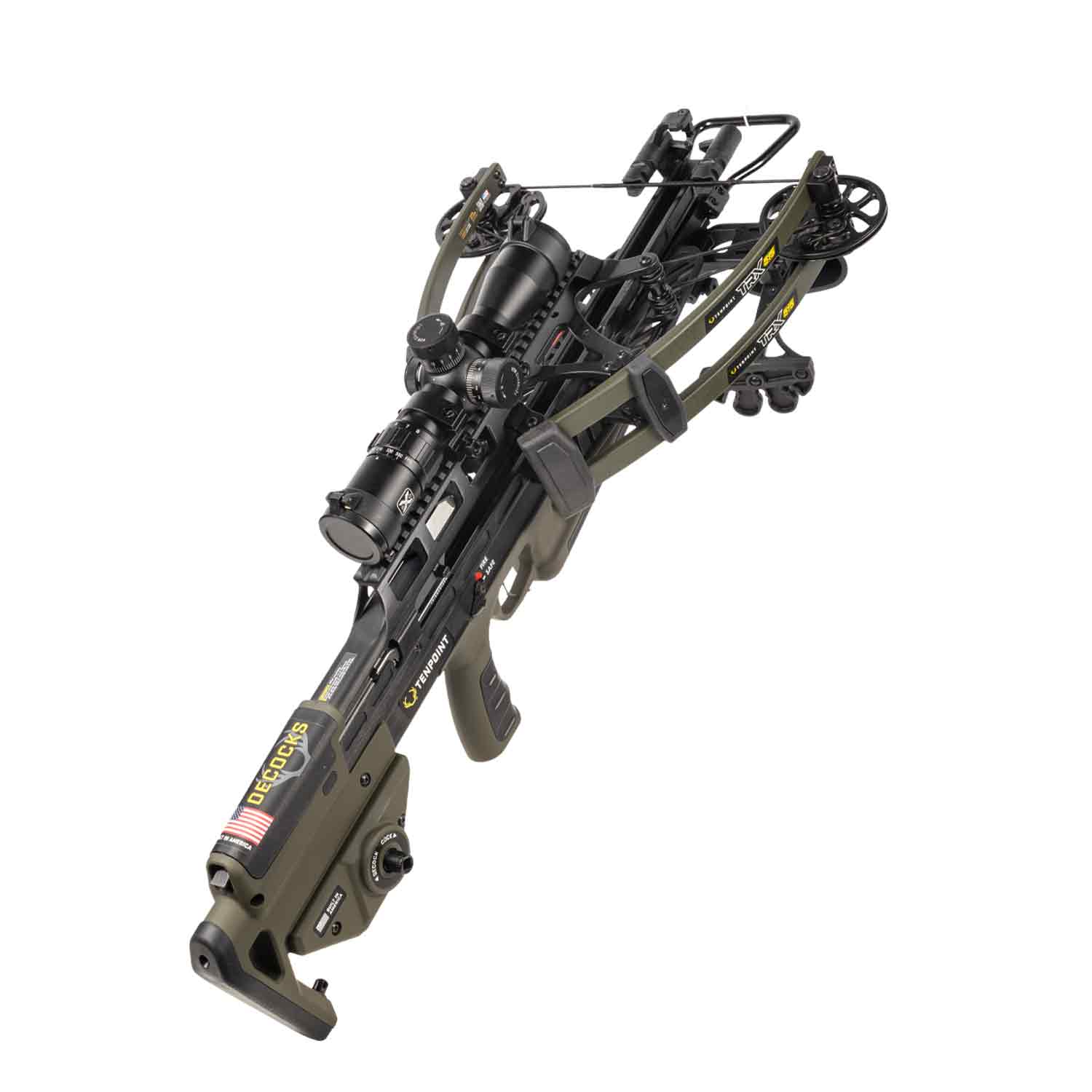 Crossbow with detailed mechanical components on a white background