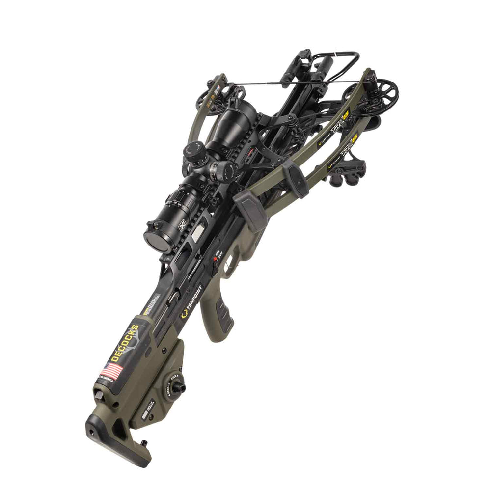 Crossbow with detailed mechanical components on a white background