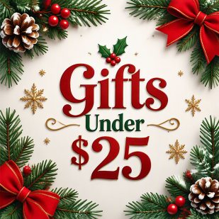 A square Christmas-themed promotional graphic in the upper-left corner with the text 'Gifts Under $25' surrounded by red bows, green pine branches, pinecones, and holly on a light cream background. The rest of the frame is plain white.