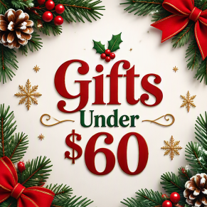 A square holiday sale graphic with the text 'Gifts Under $60' in red and green lettering, surrounded by pine branches, red bows, pinecones, holly, and gold stars on a light cream background. The graphic is placed in the lower-left corner of a larger white canvas.