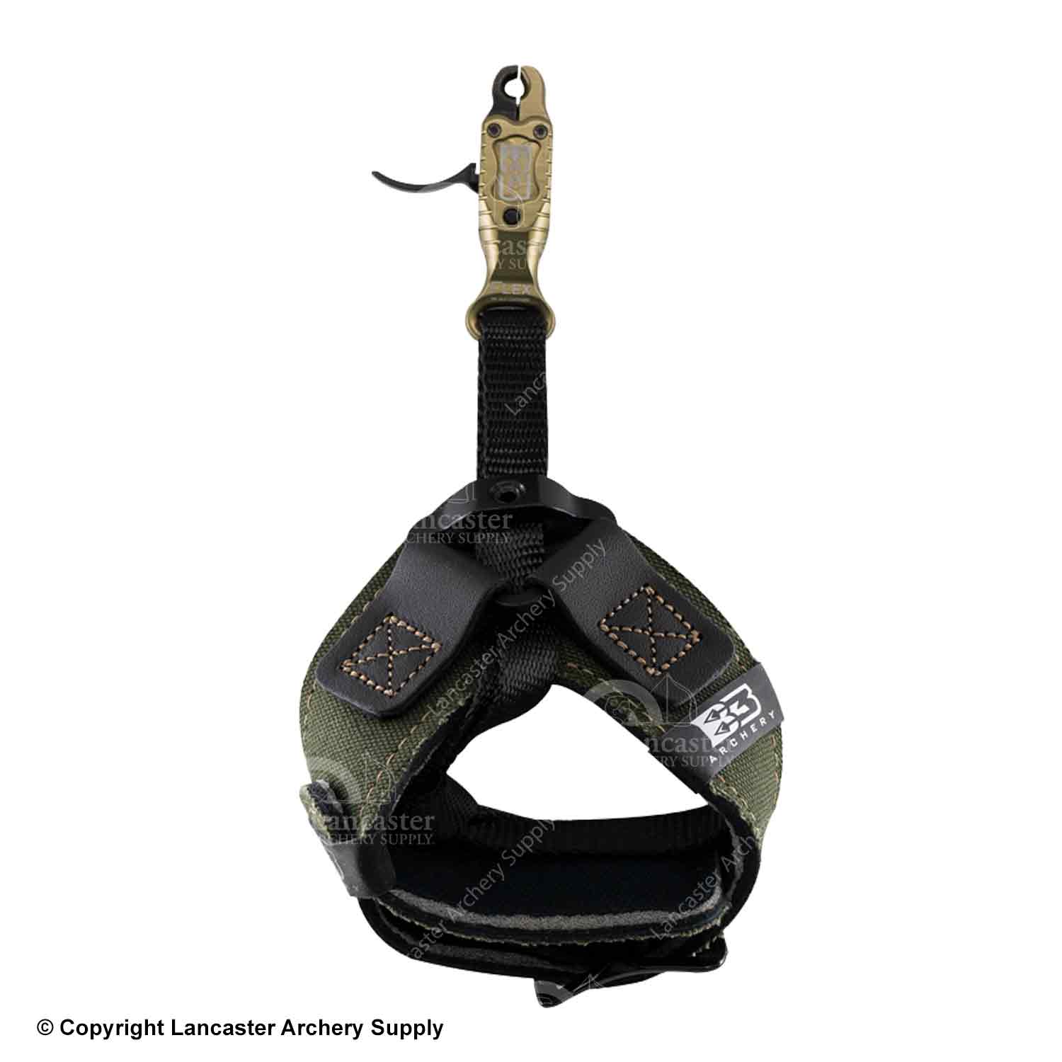 A wrist sling release with a green buckle strap, gold head, and black trigger