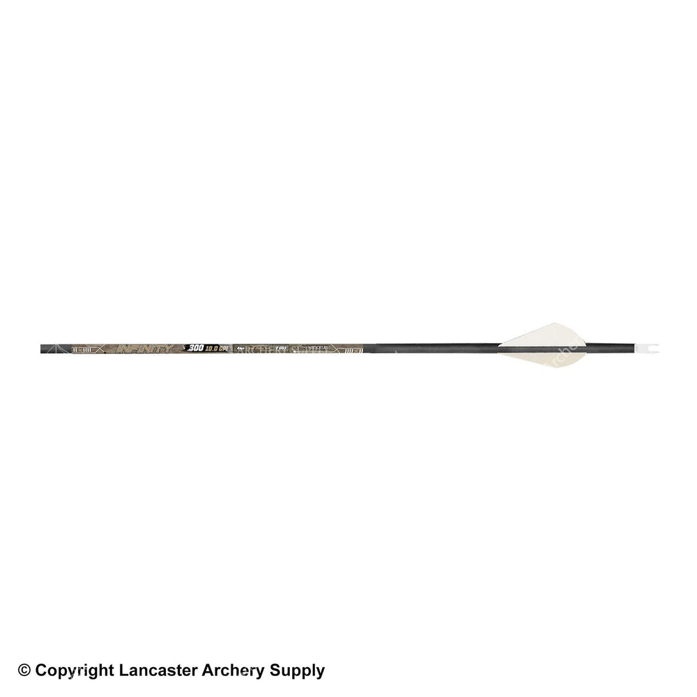 The Infinity Arrow with a tan cresting, a white nock, and white fletchings. 
