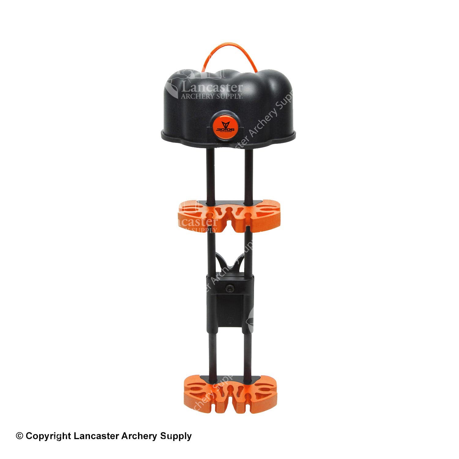 A small black bow quiver that has orange arrow slots, an orange 30.06 logo on the broadhead shield, and an orange hanger loop at the top.